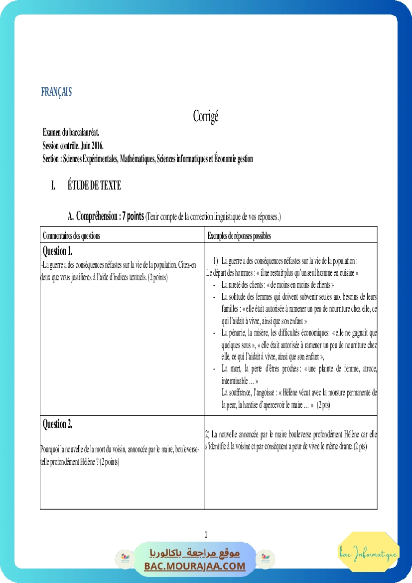 Corrigé controle francais Bac 2016 – Section info